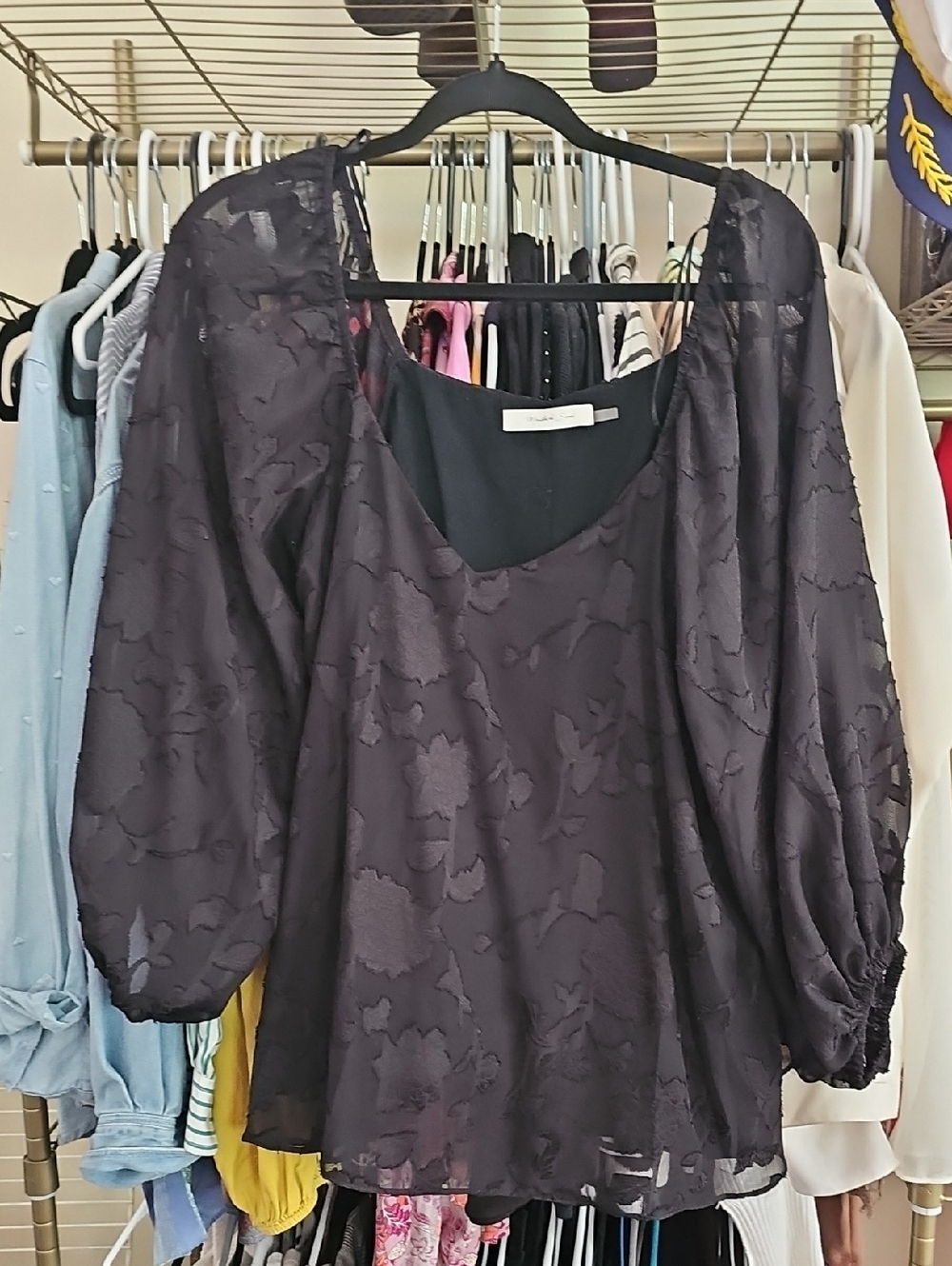 bohme Black Sheer Floral Scoop-Neck Blouse